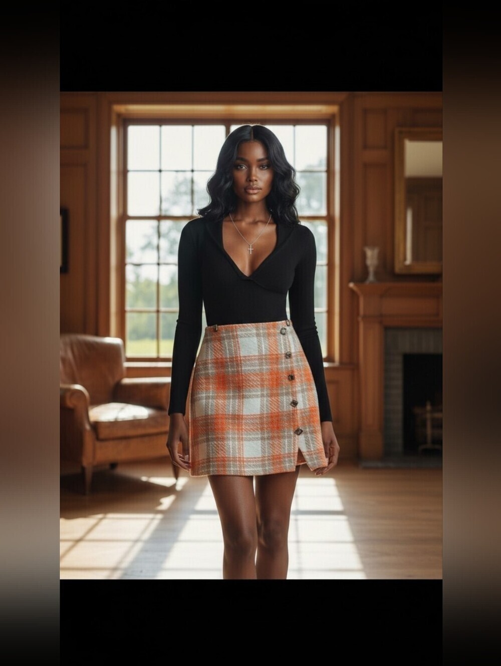 River Island Orange Cream Plaid Tweed Mini Skirt Buttons UK 10 US 6 Acrylic